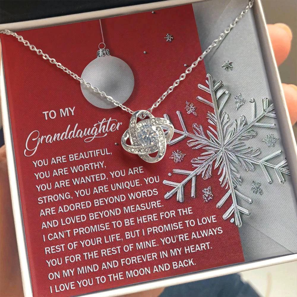 To My Granddaughter – Christmas Love Knot Necklace | “You Are Beautiful, Strong & Loved” Holiday Message Card | Grandparent Gift