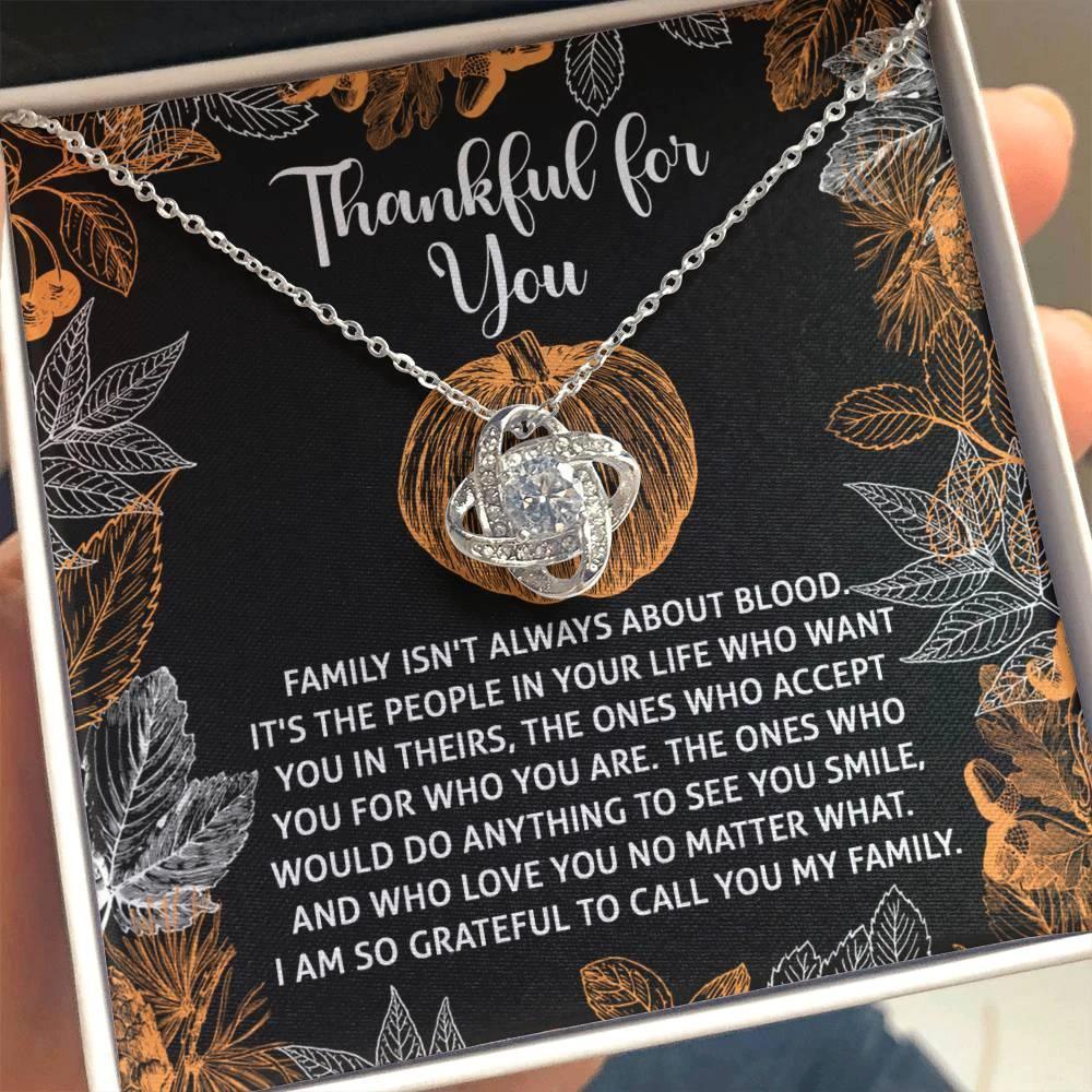 Thanksgiving Gift for Her – “Thankful for You” Love Knot Necklace with Message Card | Family & Friendship Appreciation Jewelry