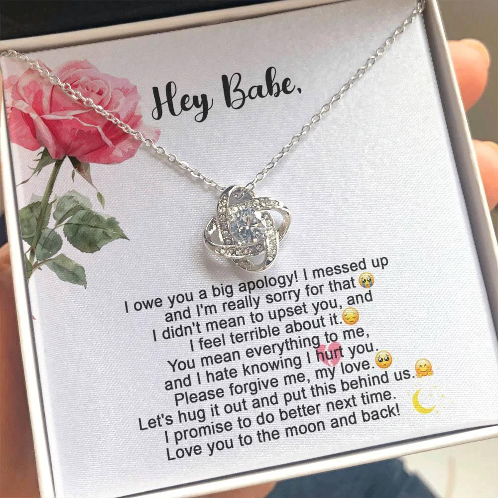 Hey Babe – I’m Sorry Love Knot Necklace | Heartfelt Apology Gift for Partner with Message Card