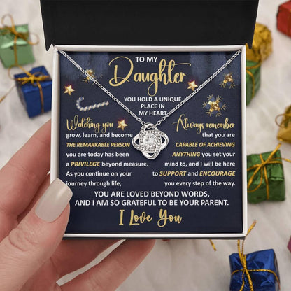 To My Daughter - You Hold a Unique Place in my Heart - Christmas Love Knot Necklace - Mallard Moon Gift Shop
