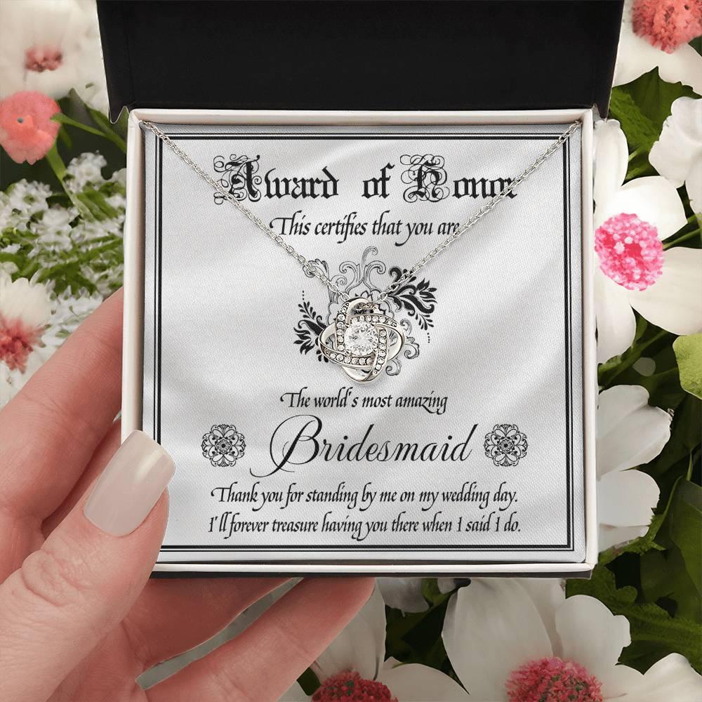 Bridesmaid Wedding Day Gift - Award Of Honor Thank You Card with Love Knot Pendant Necklace - Mallard Moon Gift Shop