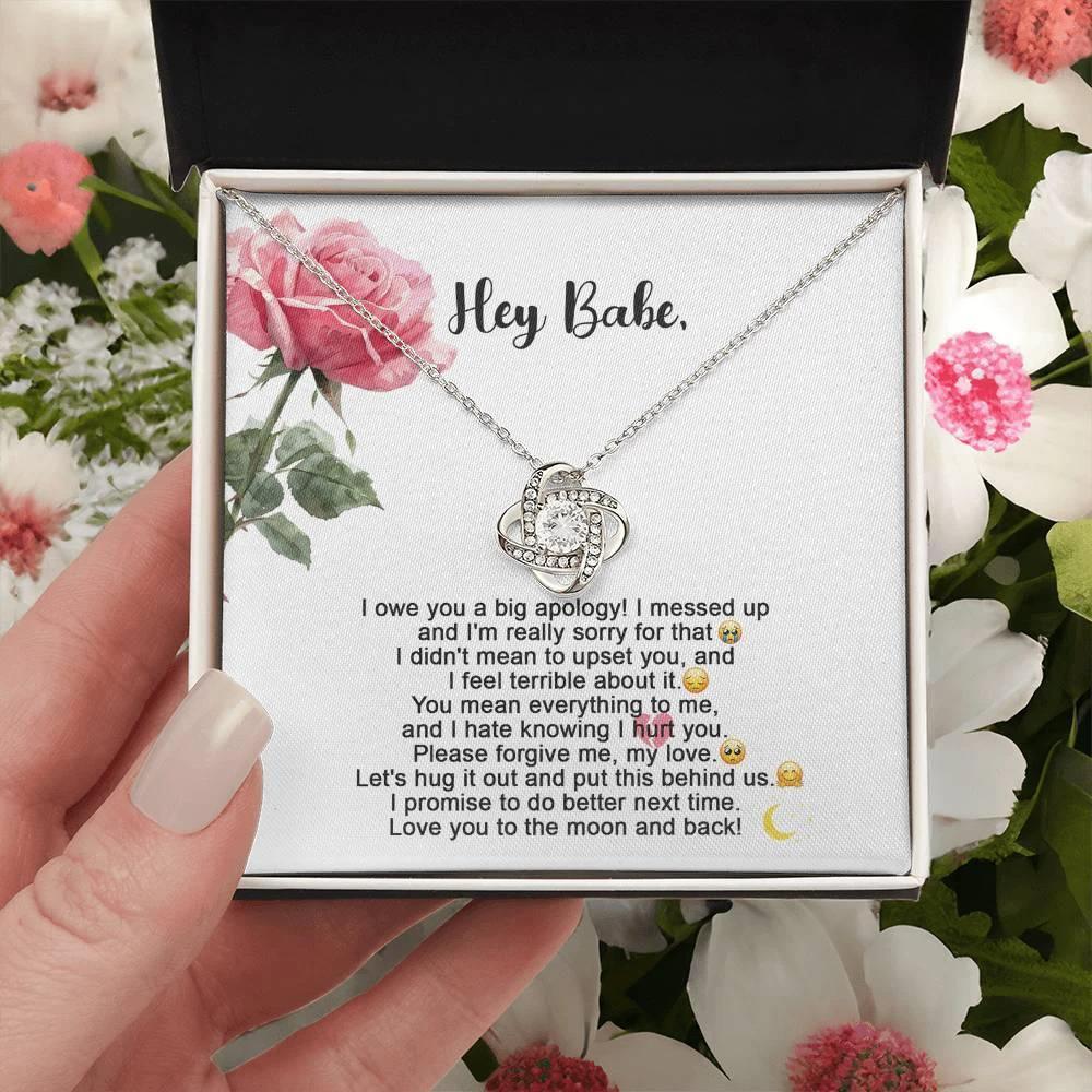 Hey Babe – I’m Sorry Love Knot Necklace | Heartfelt Apology Gift for Partner with Message Card