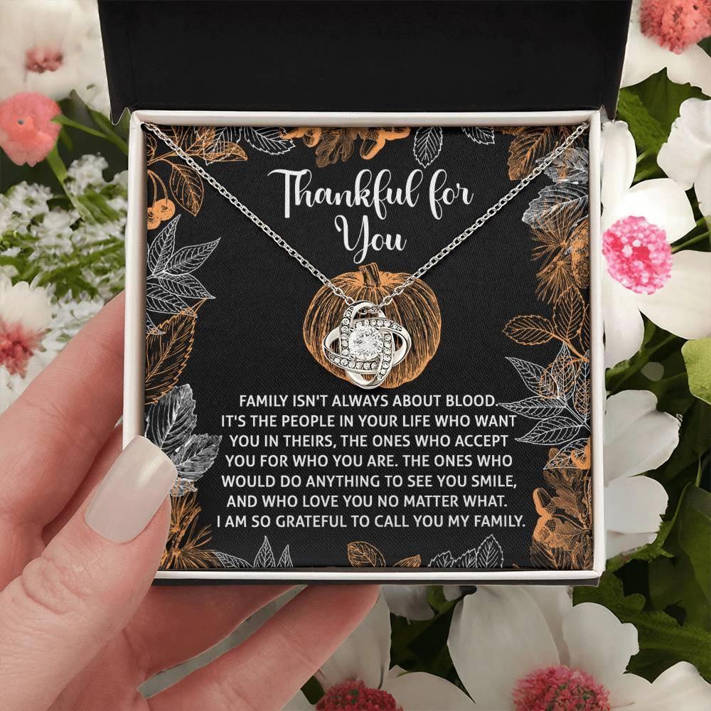 Thanksgiving Gift for Her – “Thankful for You” Love Knot Necklace with Message Card | Family & Friendship Appreciation Jewelry