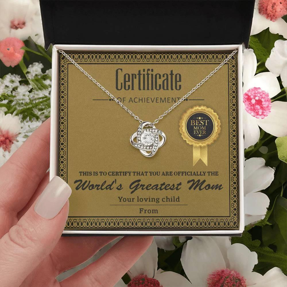 World's Greatest Mom Personalized Certificate of Achievement- Love Knot Necklace