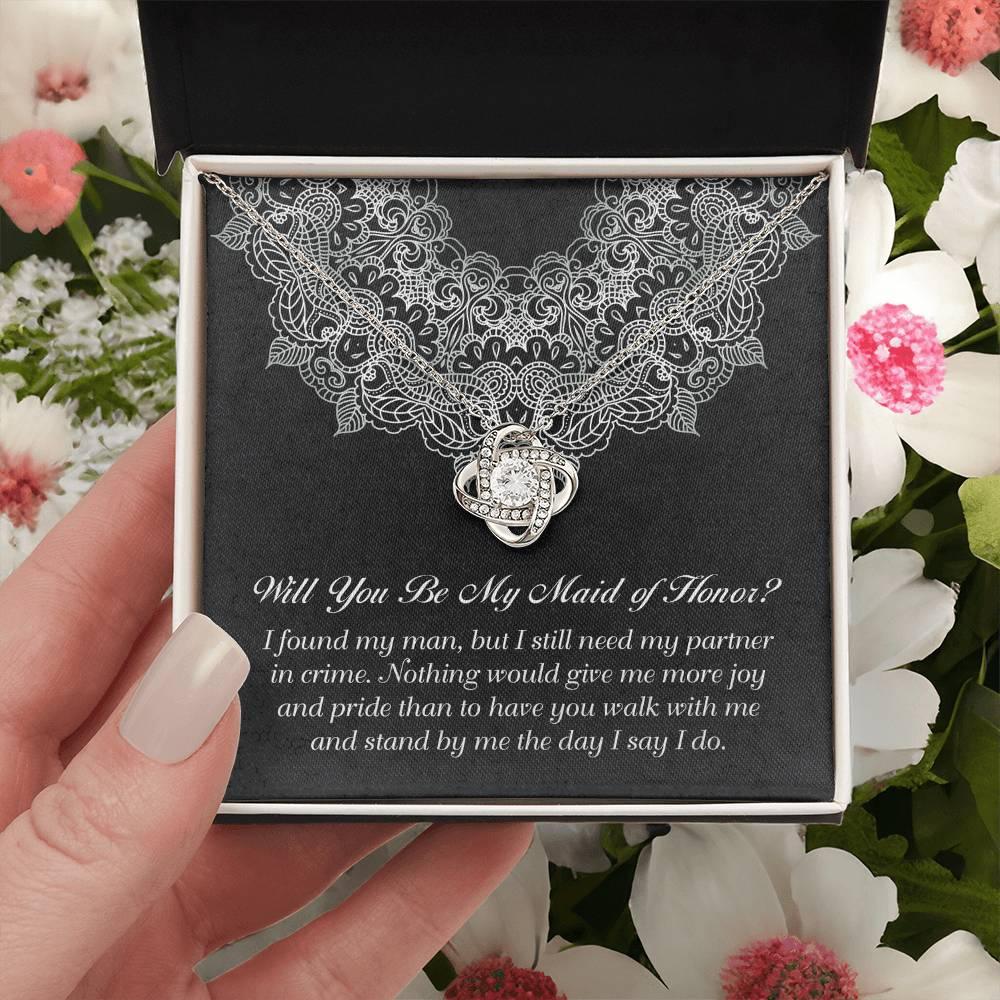 Maid of Honor Wedding Proposal Gift - Partner In Crime - Love Knot Pendant Necklace - Mallard Moon Gift Shop