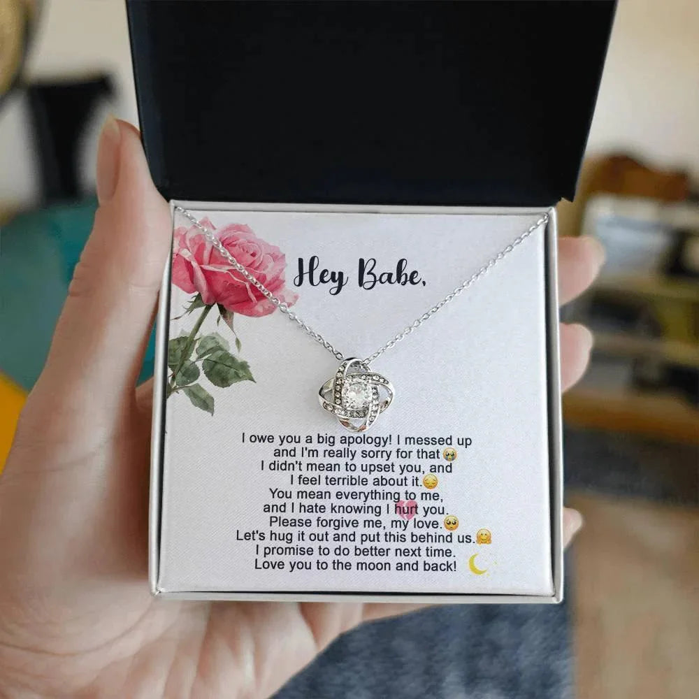Hey Babe – I’m Sorry Love Knot Necklace | Heartfelt Apology Gift for Partner with Message Card