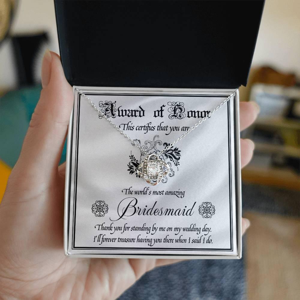 Bridesmaid Wedding Day Gift - Award Of Honor Thank You Card with Love Knot Pendant Necklace - Mallard Moon Gift Shop