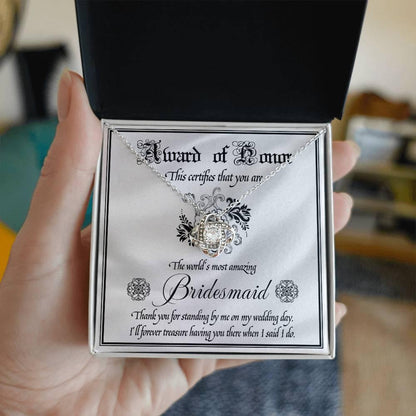 Bridesmaid Wedding Day Gift - Award Of Honor Thank You Card with Love Knot Pendant Necklace - Mallard Moon Gift Shop