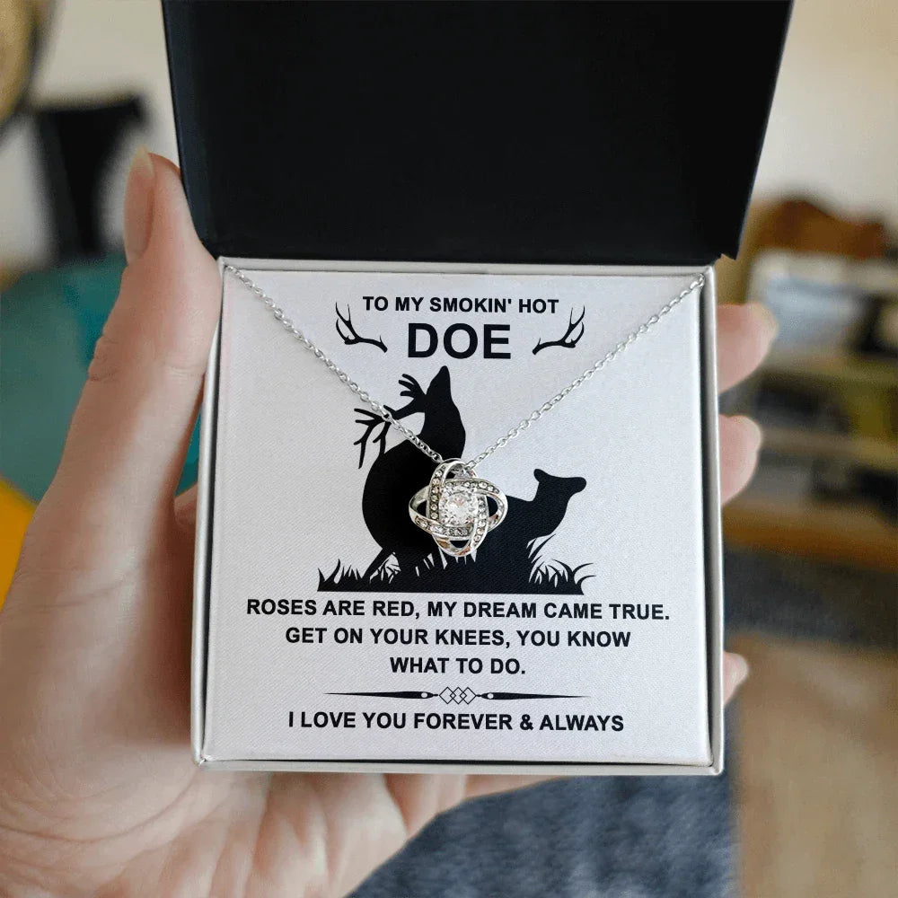 To My Smokin' Hot Doe” Message Card with Love Knot Necklace – Romantic and Playful Valentine's Day Gift