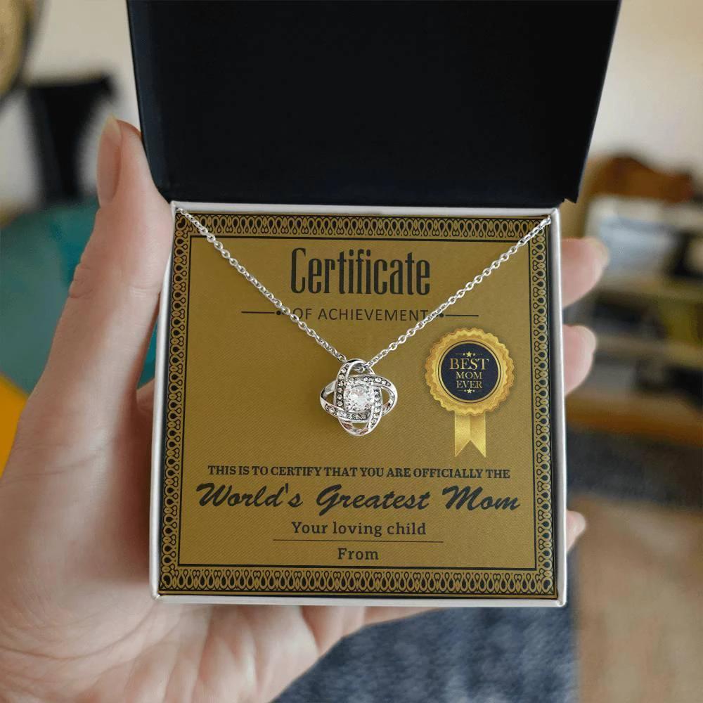World's Greatest Mom Personalized Certificate of Achievement- Love Knot Necklace