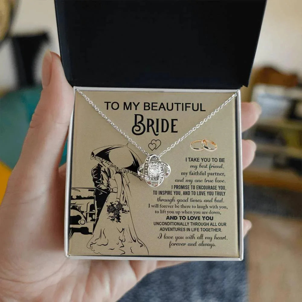 To My Beautiful Bride - My Best Friend, Faithful Partner Love Knot Pendant Necklace Wedding Day Gift