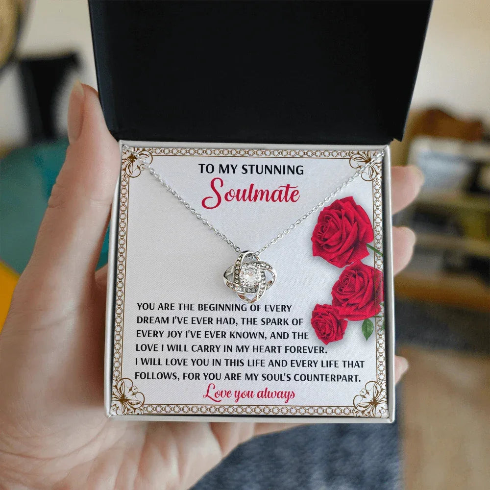 Romantic Soulmate Gift – In My Heart Forever - Love Knot Necklace Pendant with Meaningful Message Card