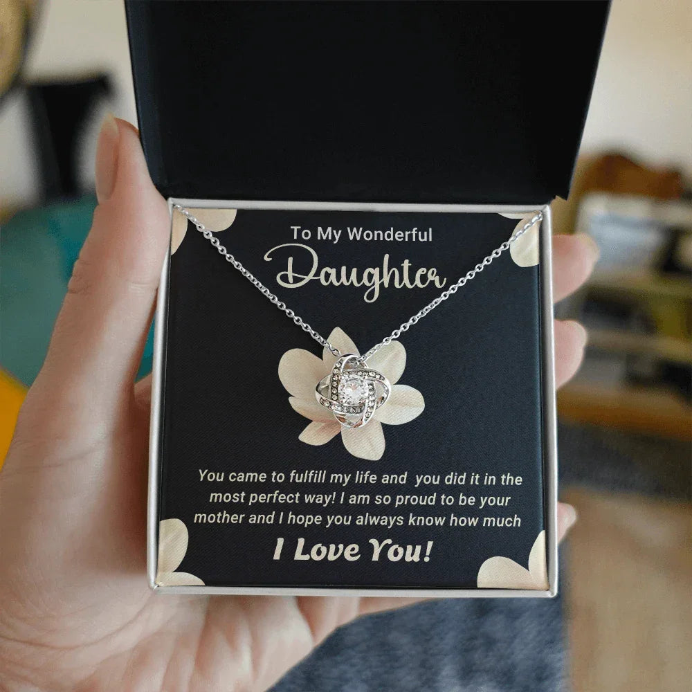 To My Wonderful Daughter – Love Knot Necklace with Magnolia Flower Message Card | Proud Mom Gift for Birthday or Graduation