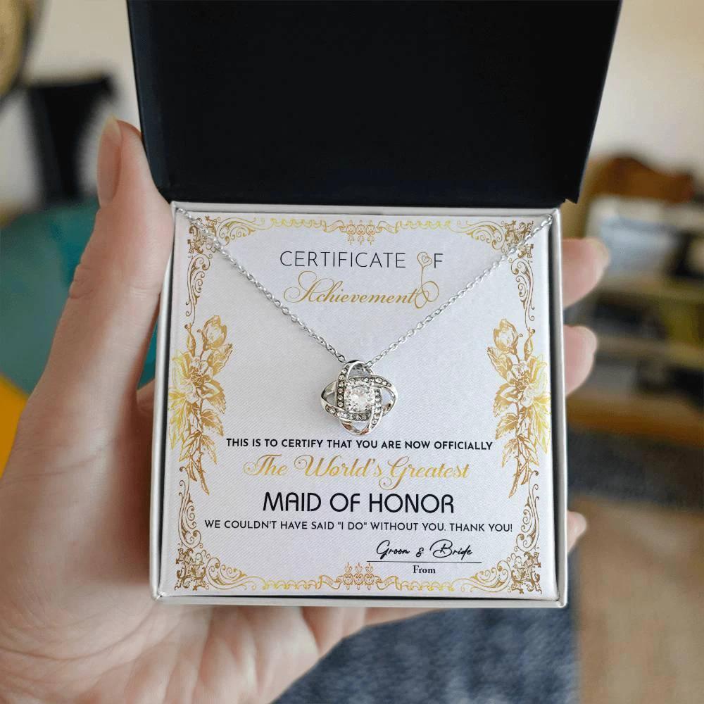 Maid Of Honor Wedding Day Gift - Certificate Of Achievement - Love Knot Pendant Necklace