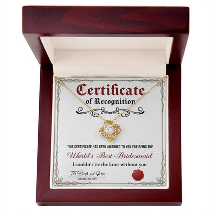 Bridesmaid Gift - Certificate Of Recognition Love Knot Pendant Necklace - Mallard Moon Gift Shop