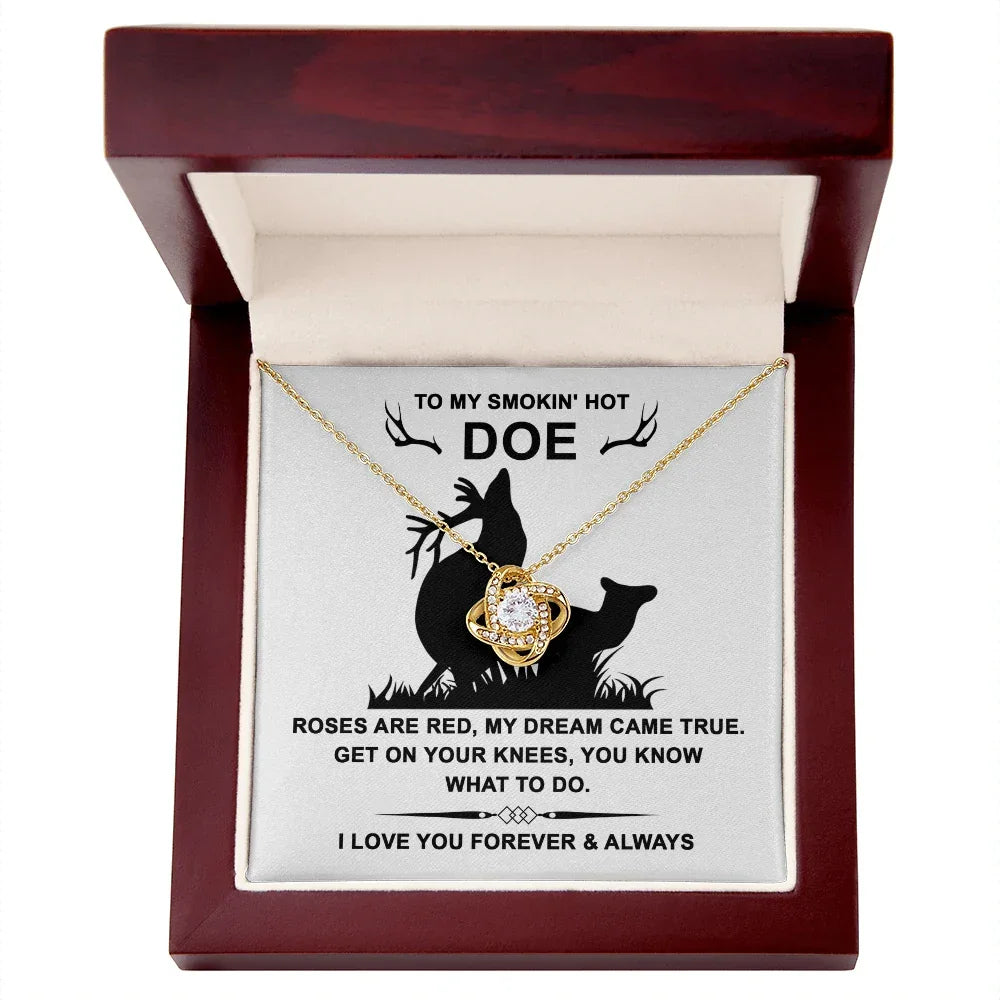 To My Smokin' Hot Doe” Message Card with Love Knot Necklace – Romantic and Playful Valentine's Day Gift