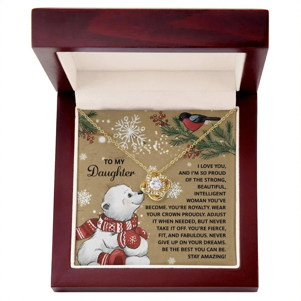 To My Daughter Christmas Love Knot Necklace – Holiday Gift with Polar Bear Message Card, Inspirational Daughter Jewelry, Christmas Gift from Mom or Dad
