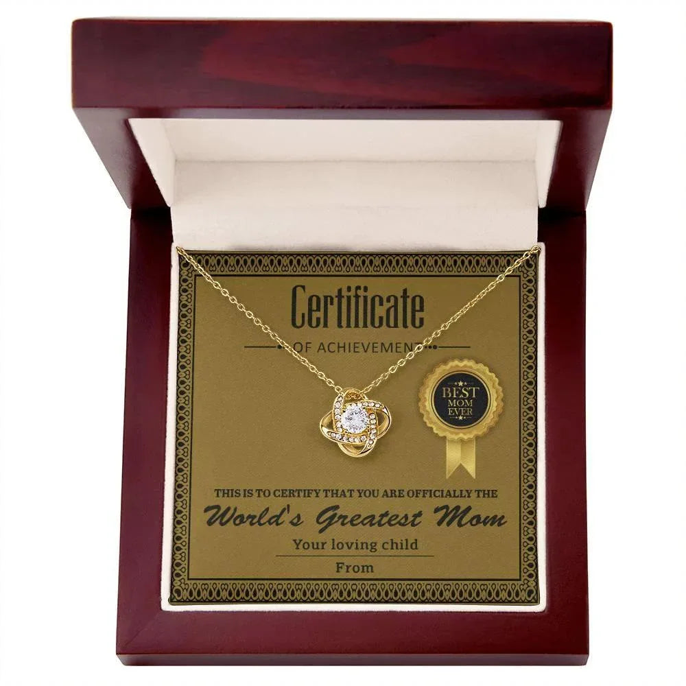 World's Greatest Mom Personalized Certificate of Achievement- Love Knot Necklace