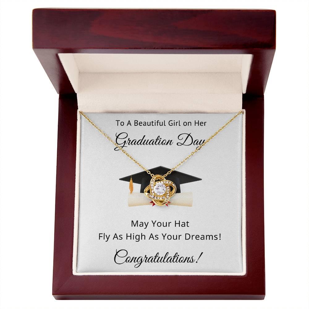 To A Beautiful Girl on Her Graduation Day Congratulations May Your Hat Fly High As Your Dreams Love Knot Pendant Necklace - Mallard Moon Gift Shop