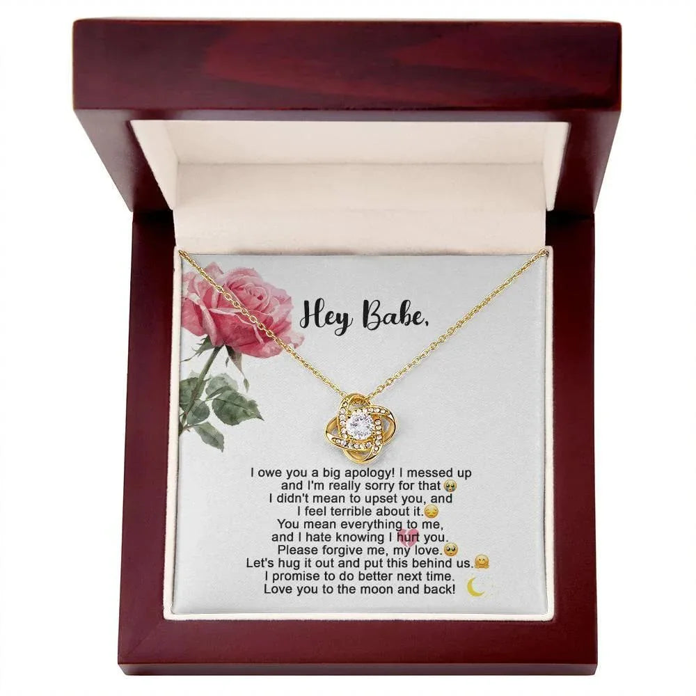 Hey Babe – I’m Sorry Love Knot Necklace | Heartfelt Apology Gift for Partner with Message Card
