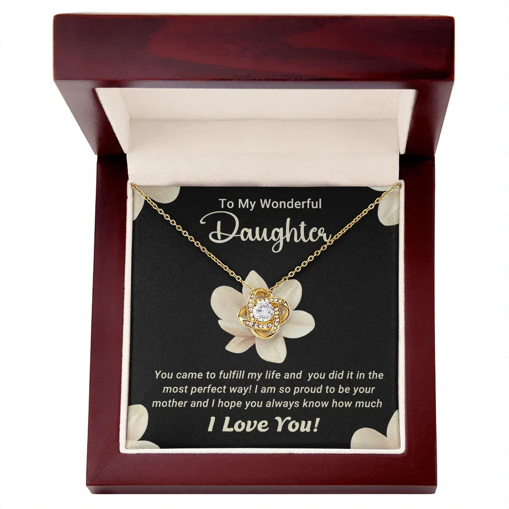 To My Wonderful Daughter – Love Knot Necklace with Magnolia Flower Message Card | Proud Mom Gift for Birthday or Graduation