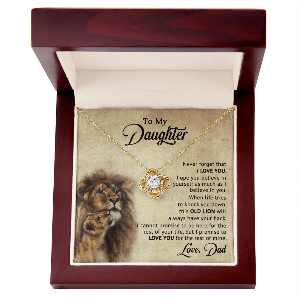 To My Daughter – “Old Lion” Dad & Daughter Love Knot Necklace | Inspirational Father-to-Daughter Gift with Heartfelt Lion Message Card