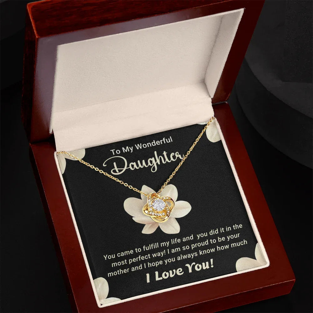 To My Wonderful Daughter – Love Knot Necklace with Magnolia Flower Message Card | Proud Mom Gift for Birthday or Graduation