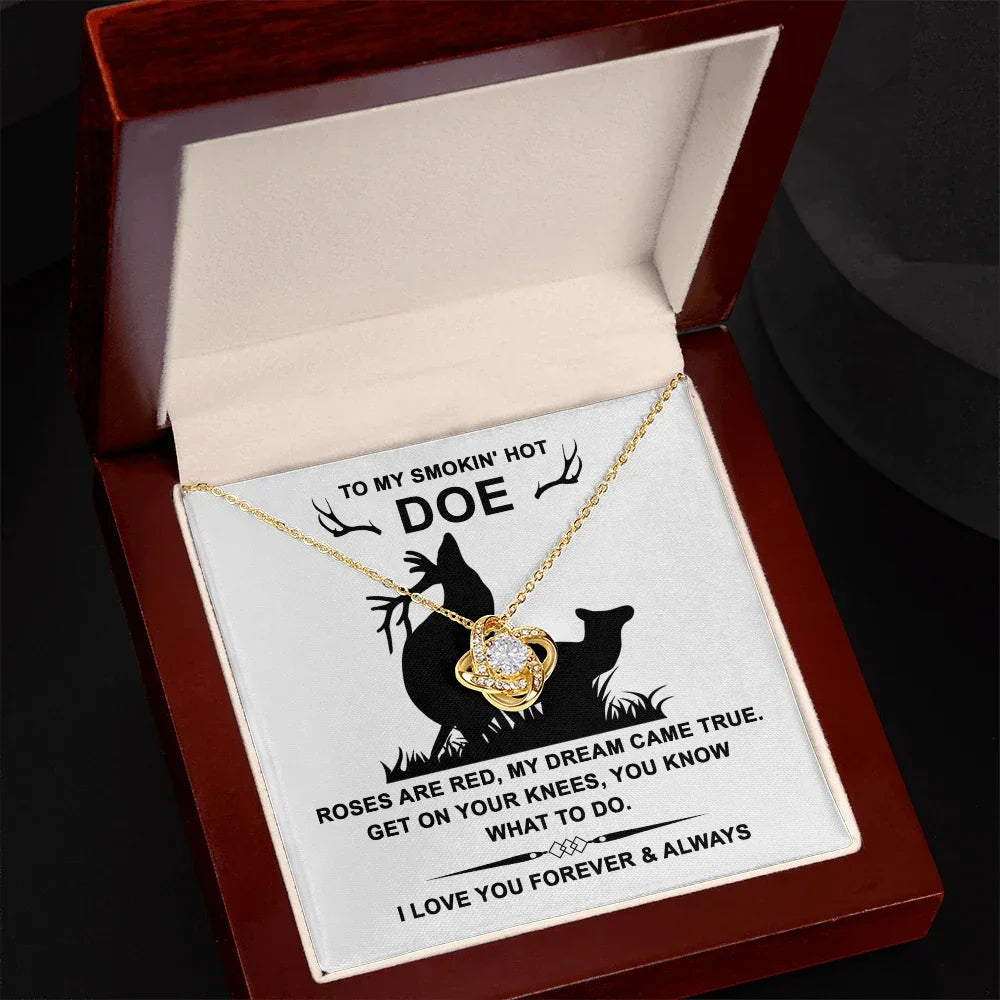 To My Smokin' Hot Doe” Message Card with Love Knot Necklace – Romantic and Playful Valentine's Day Gift