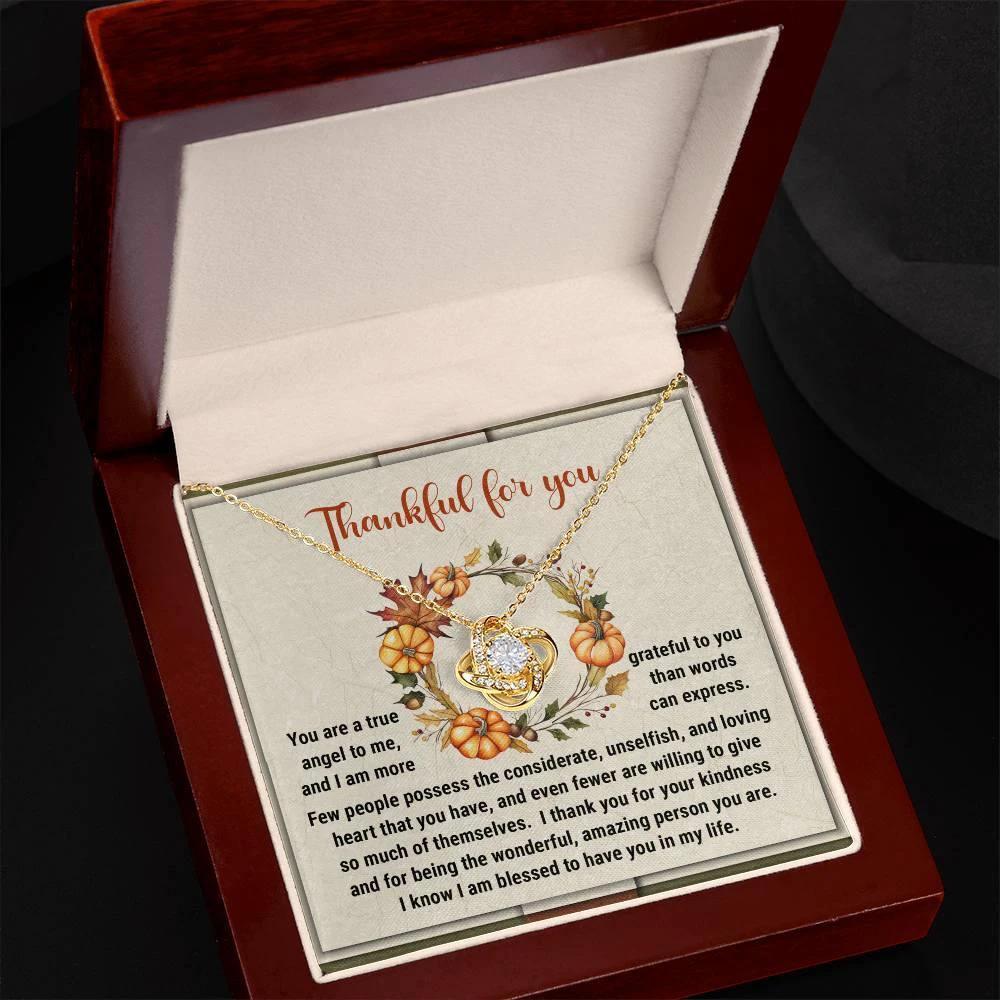 Thanksgiving Gift for Her – “Thankful for You” Love Knot Necklace with Message Card | Heartfelt Gift for Her