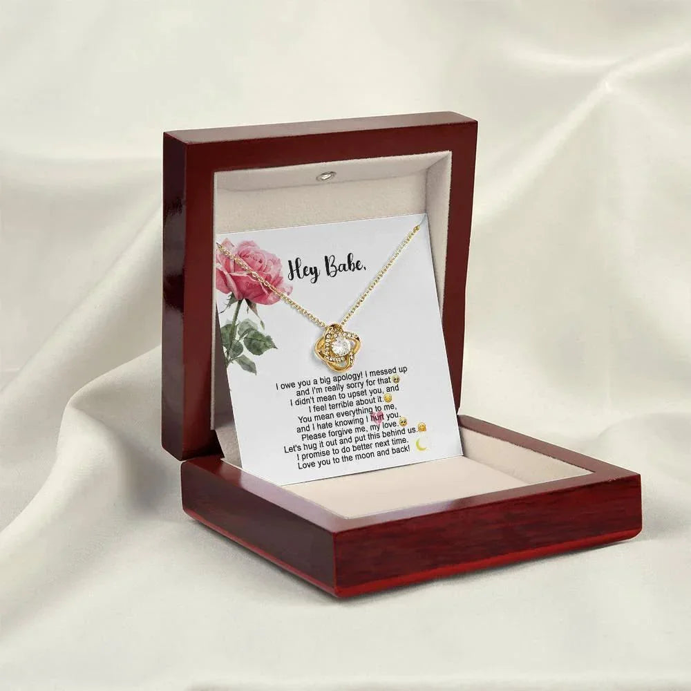 Hey Babe – I’m Sorry Love Knot Necklace | Heartfelt Apology Gift for Partner with Message Card