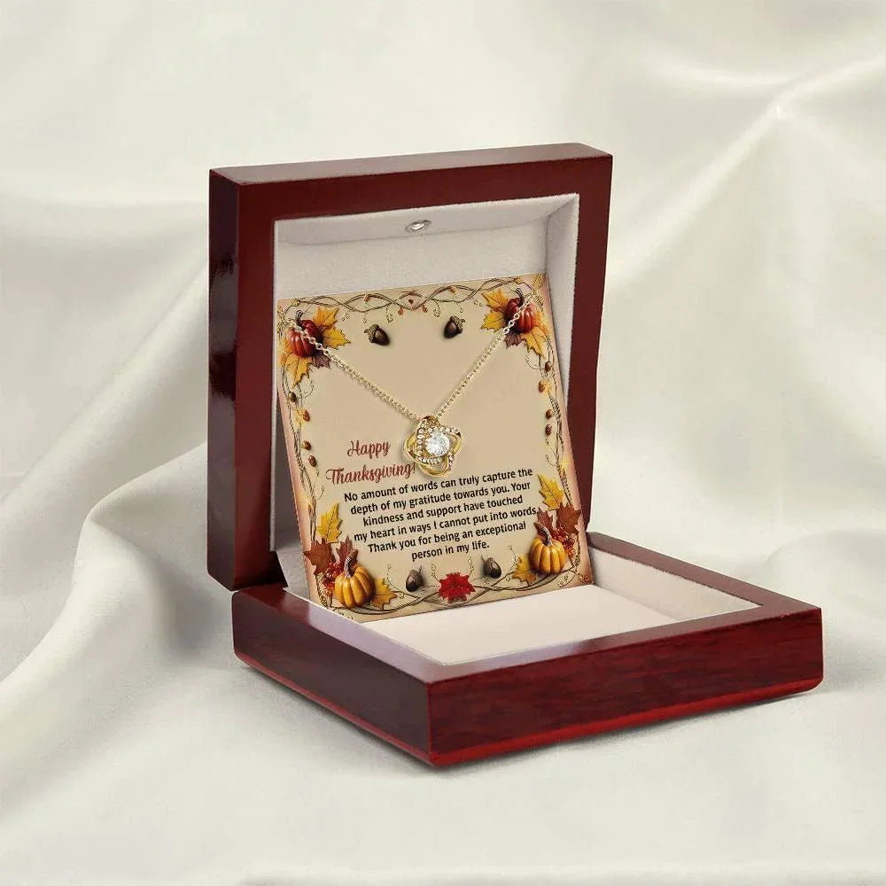 Thanksgiving Gift for Her – “Put Into Words” Love Knot Necklace with Message Card | Heartfelt Gratitude Gift for Her