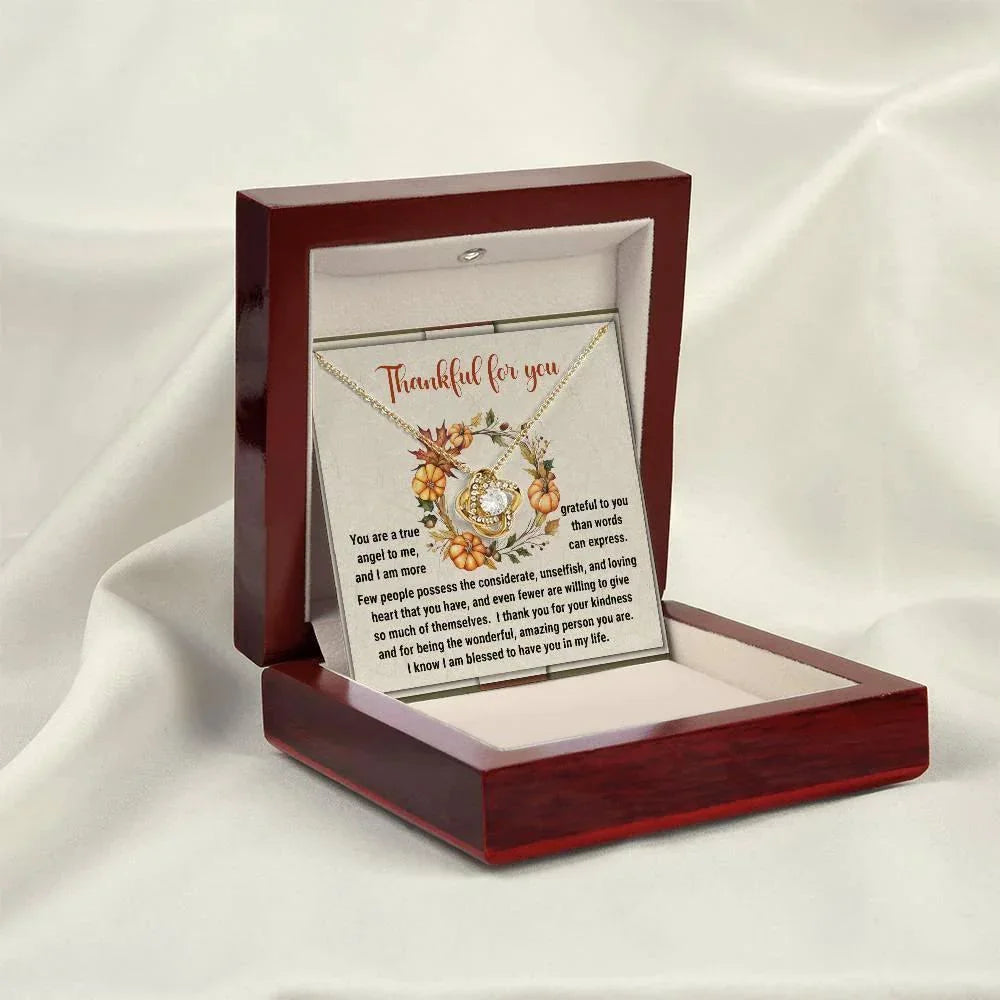 Thanksgiving Gift for Her – “Thankful for You” Love Knot Necklace with Message Card | Heartfelt Gift for Her