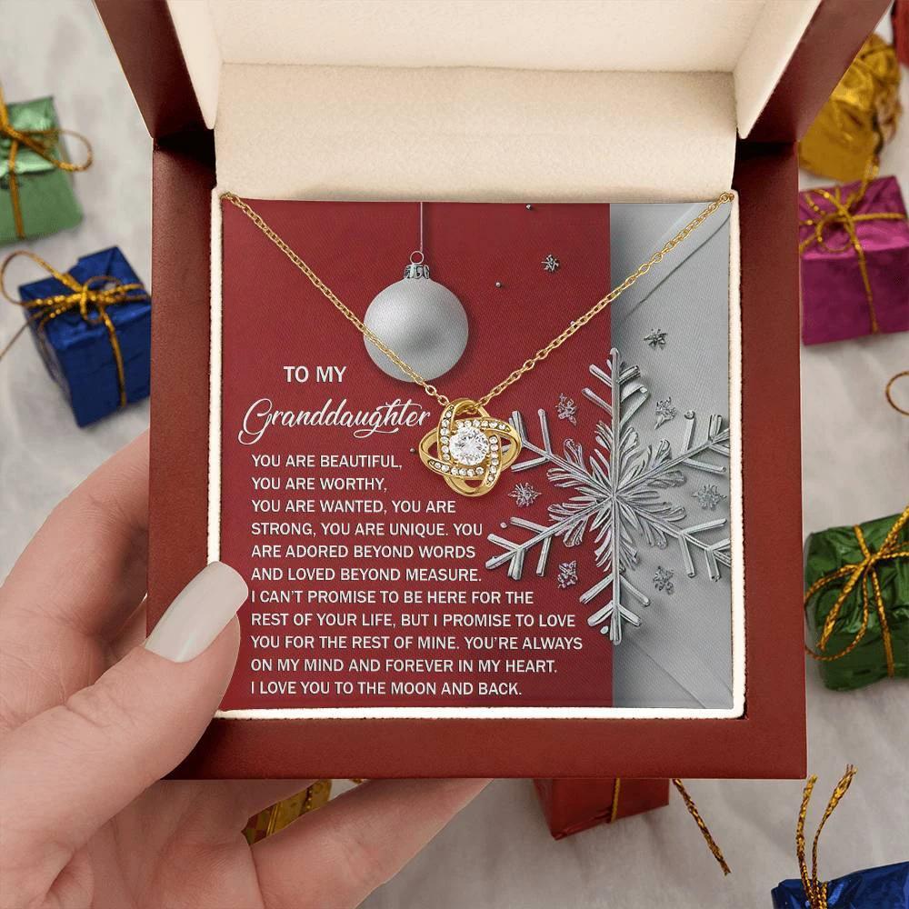 To My Granddaughter – Christmas Love Knot Necklace | “You Are Beautiful, Strong & Loved” Holiday Message Card | Grandparent Gift