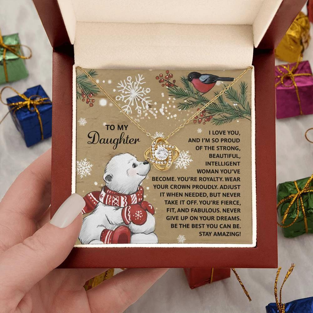 To My Daughter Christmas Love Knot Necklace – Holiday Gift with Polar Bear Message Card, Inspirational Daughter Jewelry, Christmas Gift from Mom or Dad