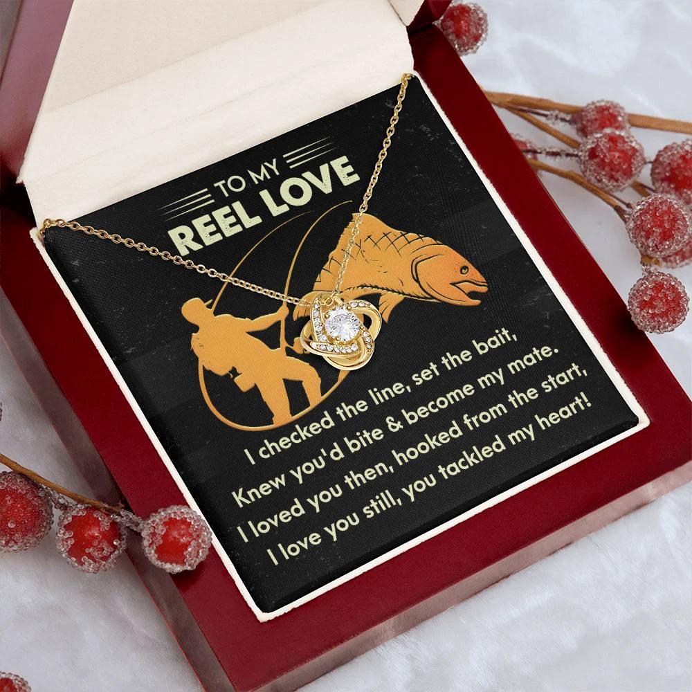To My Reel Love - Gift for Soulmate - Tackled My Heart - Fishing Themed Message Card with Love Knot Pendant Necklace