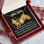 To My Reel Love - Gift for Soulmate - Tackled My Heart - Fishing Themed Message Card with Love Knot Pendant Necklace