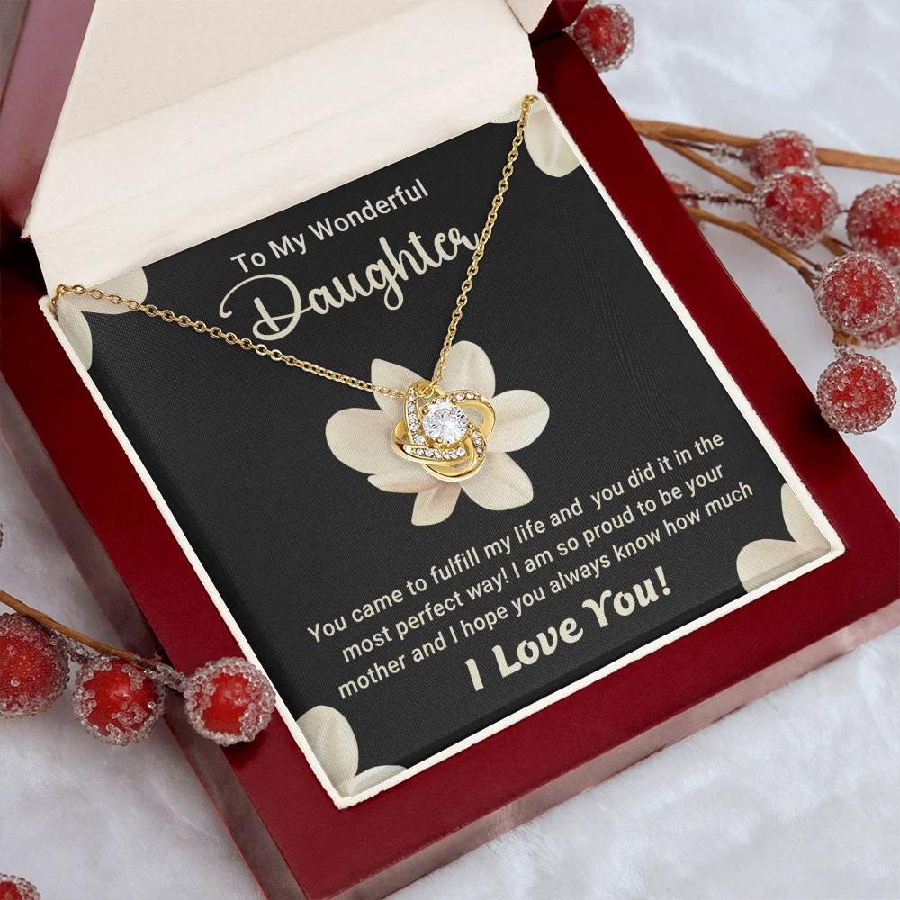 To My Wonderful Daughter – Love Knot Necklace with Magnolia Flower Message Card | Proud Mom Gift for Birthday or Graduation