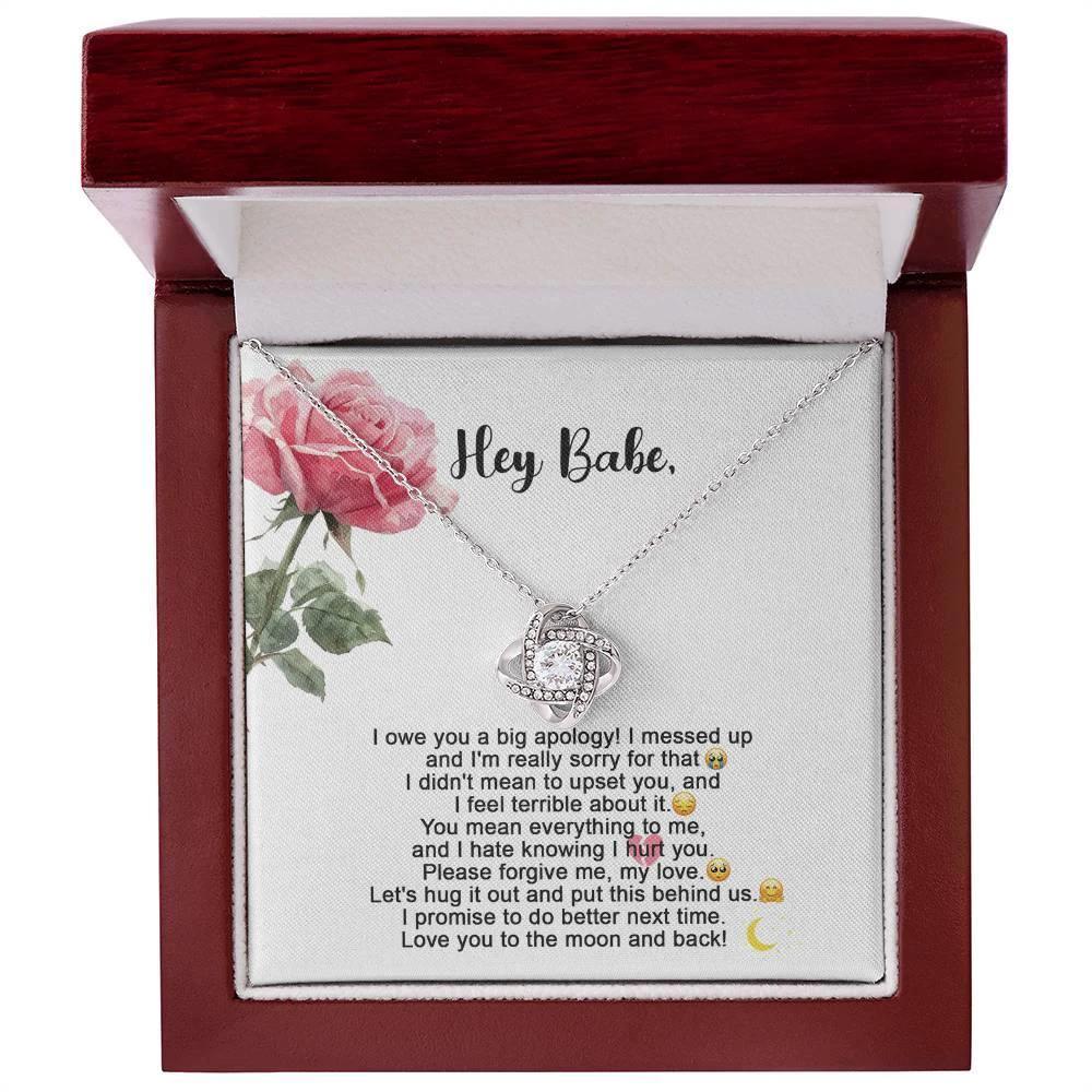 Hey Babe – I’m Sorry Love Knot Necklace | Heartfelt Apology Gift for Partner with Message Card
