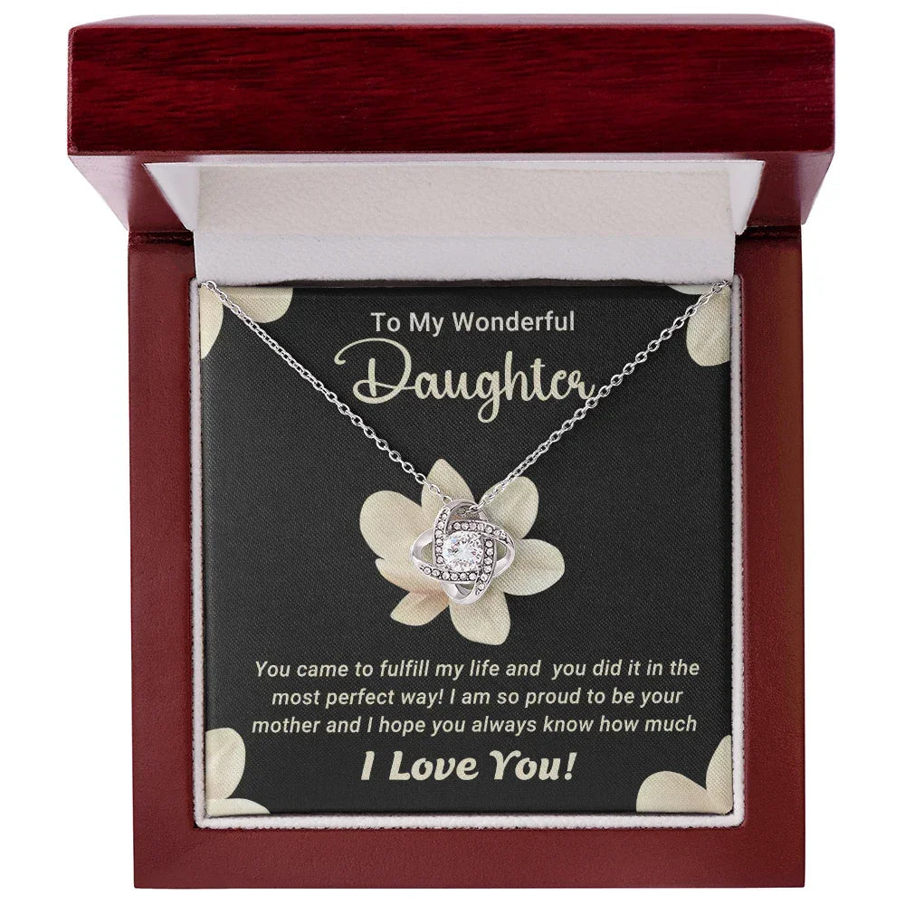 To My Wonderful Daughter – Love Knot Necklace with Magnolia Flower Message Card | Proud Mom Gift for Birthday or Graduation