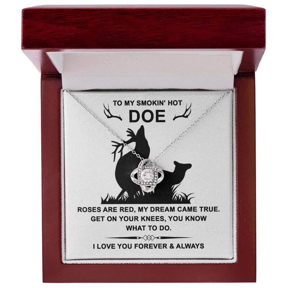 To My Smokin' Hot Doe” Message Card with Love Knot Necklace – Romantic and Playful Valentine's Day Gift