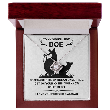 To My Smokin' Hot Doe” Message Card with Love Knot Necklace – Romantic and Playful Valentine's Day Gift - Mallard Moon Gift Shop