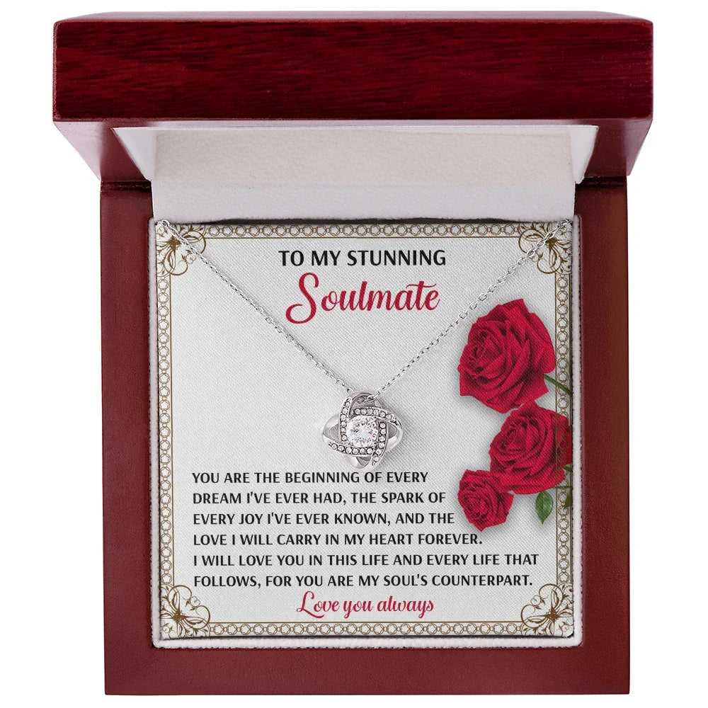 Romantic Soulmate Gift – In My Heart Forever - Love Knot Necklace Pendant with Meaningful Message Card