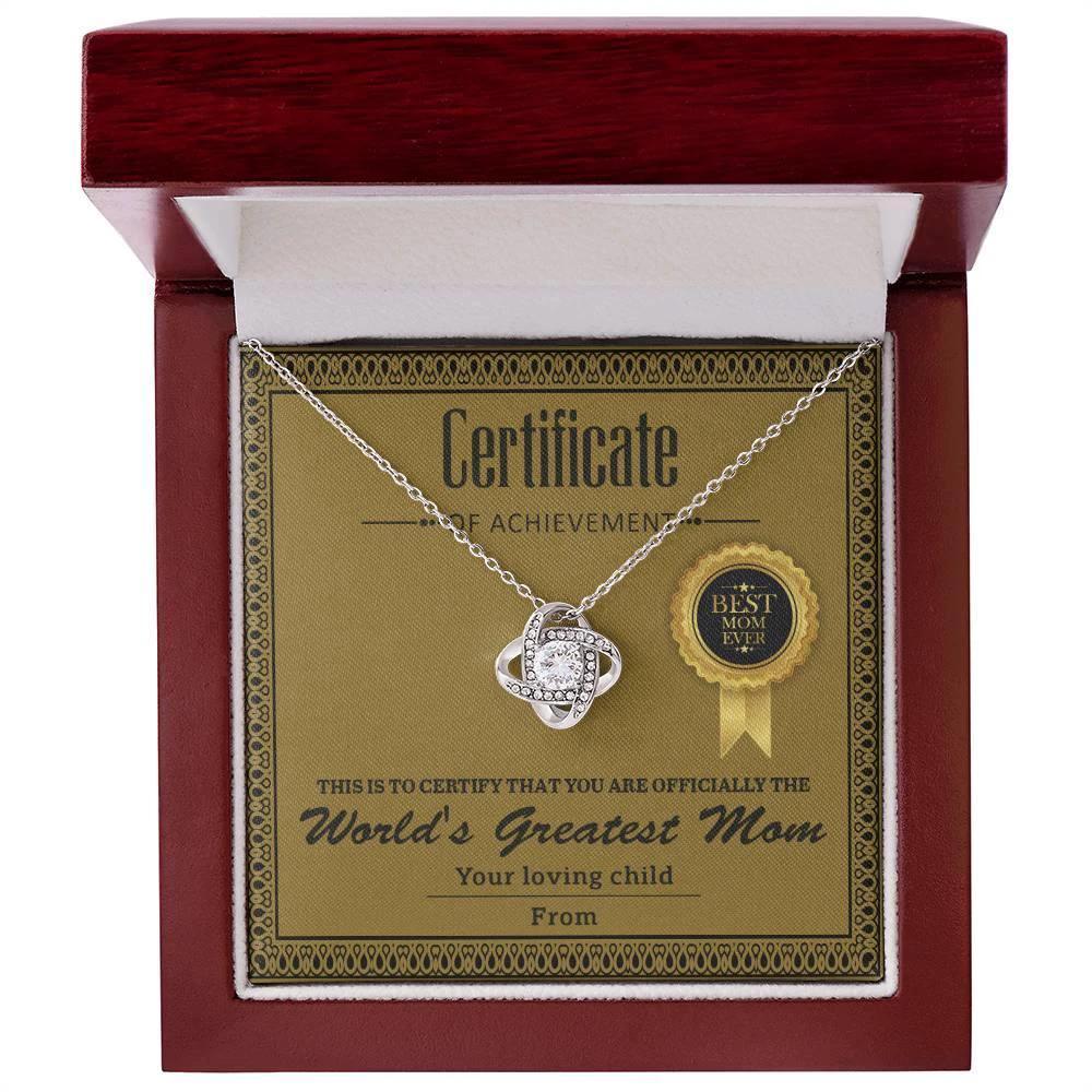 World's Greatest Mom Personalized Certificate of Achievement- Love Knot Necklace