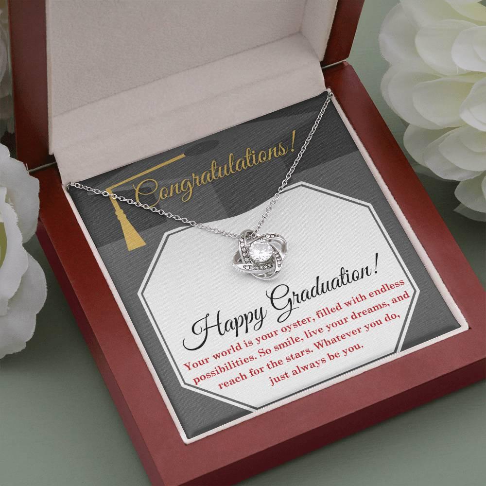 Happy Graduation-Your World is your Oyster Love Knot Pendant Necklace - Mallard Moon Gift Shop