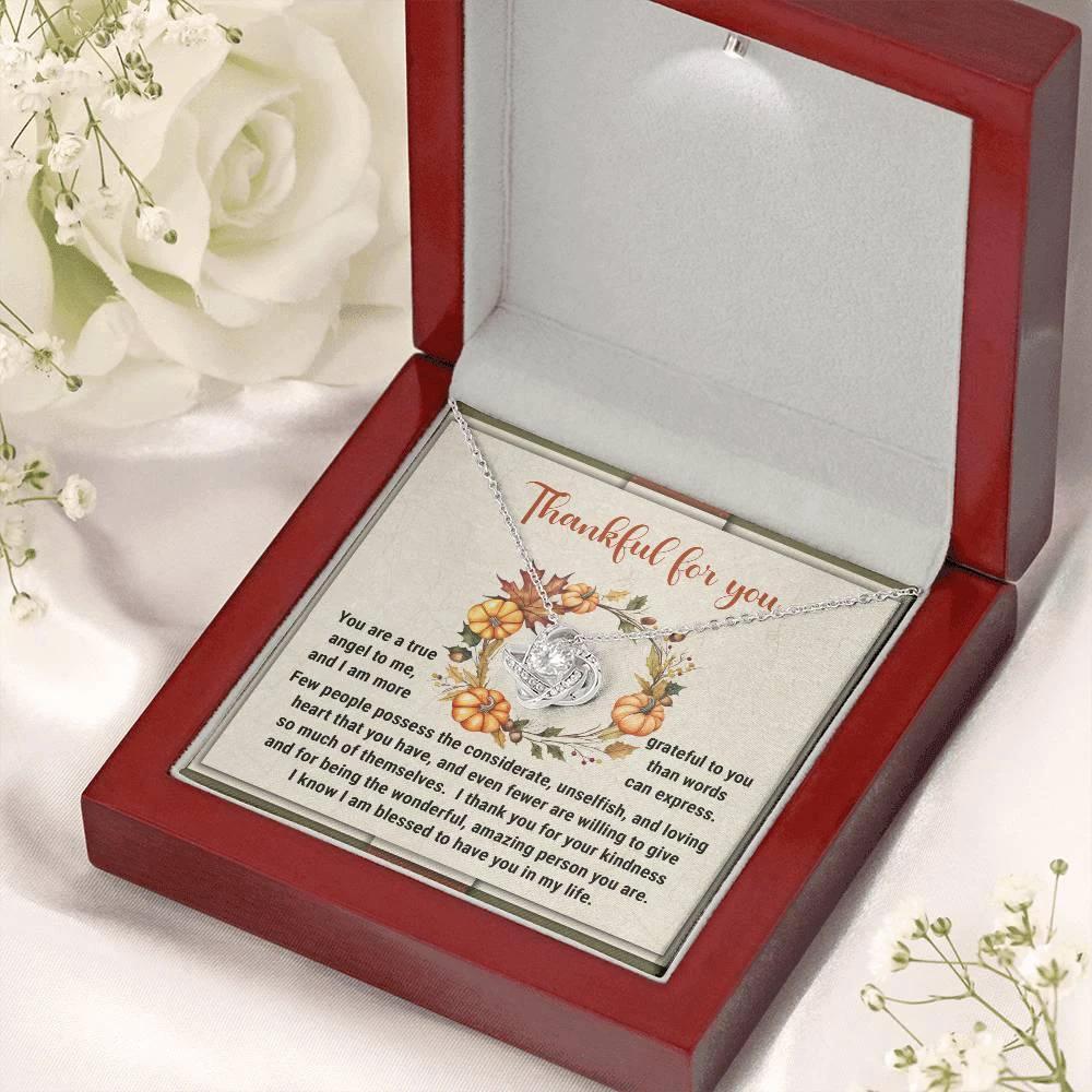 Thanksgiving Gift for Her – “Thankful for You” Love Knot Necklace with Message Card | Heartfelt Gift for Her