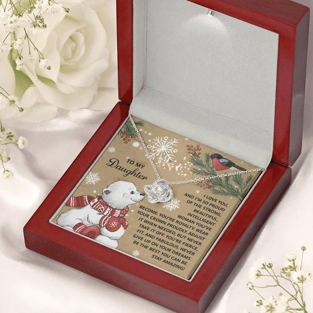 To My Daughter Christmas Love Knot Necklace – Holiday Gift with Polar Bear Message Card, Inspirational Daughter Jewelry, Christmas Gift from Mom or Dad