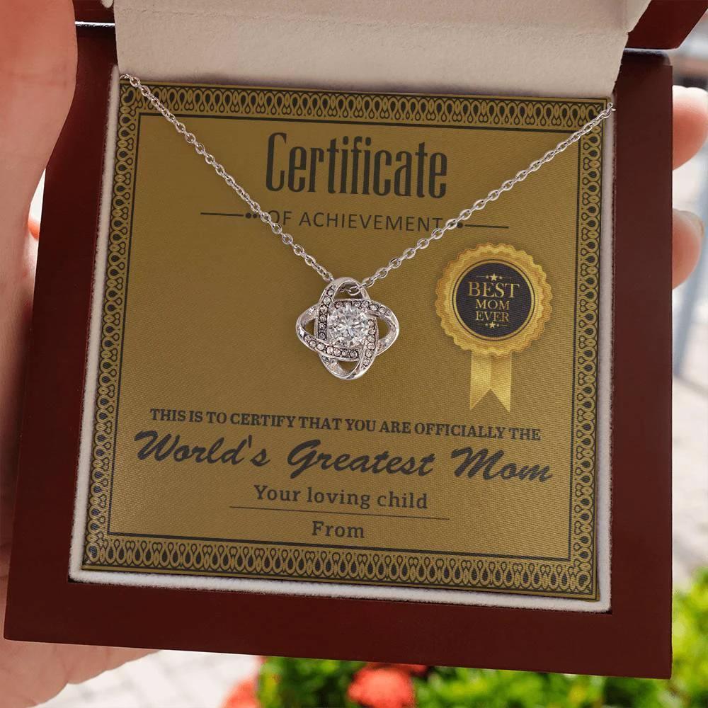 World's Greatest Mom Personalized Certificate of Achievement- Love Knot Necklace