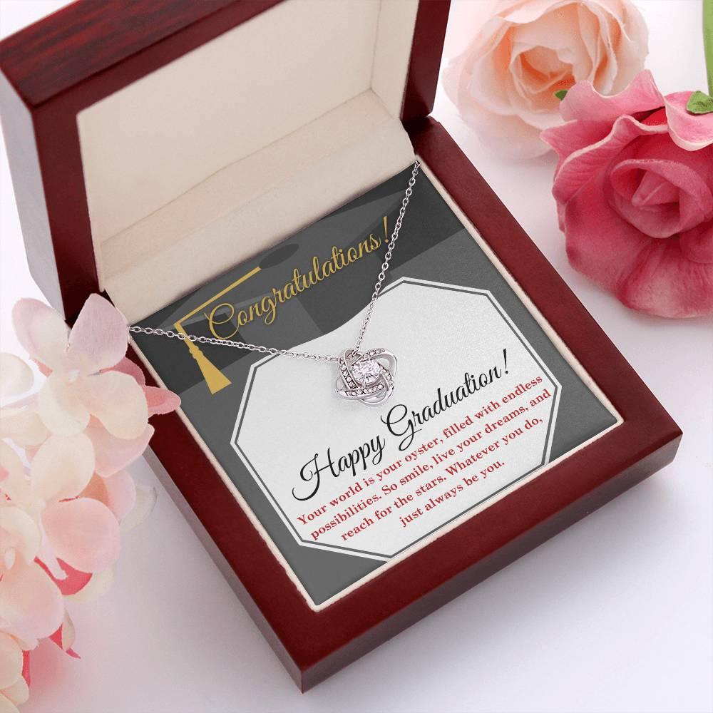 Happy Graduation-Your World is your Oyster Love Knot Pendant Necklace - Mallard Moon Gift Shop