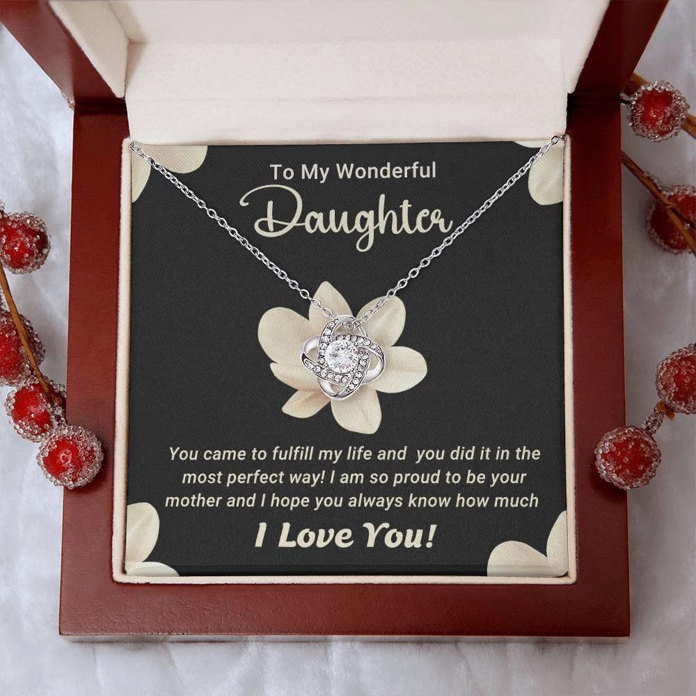 To My Wonderful Daughter – Love Knot Necklace with Magnolia Flower Message Card | Proud Mom Gift for Birthday or Graduation