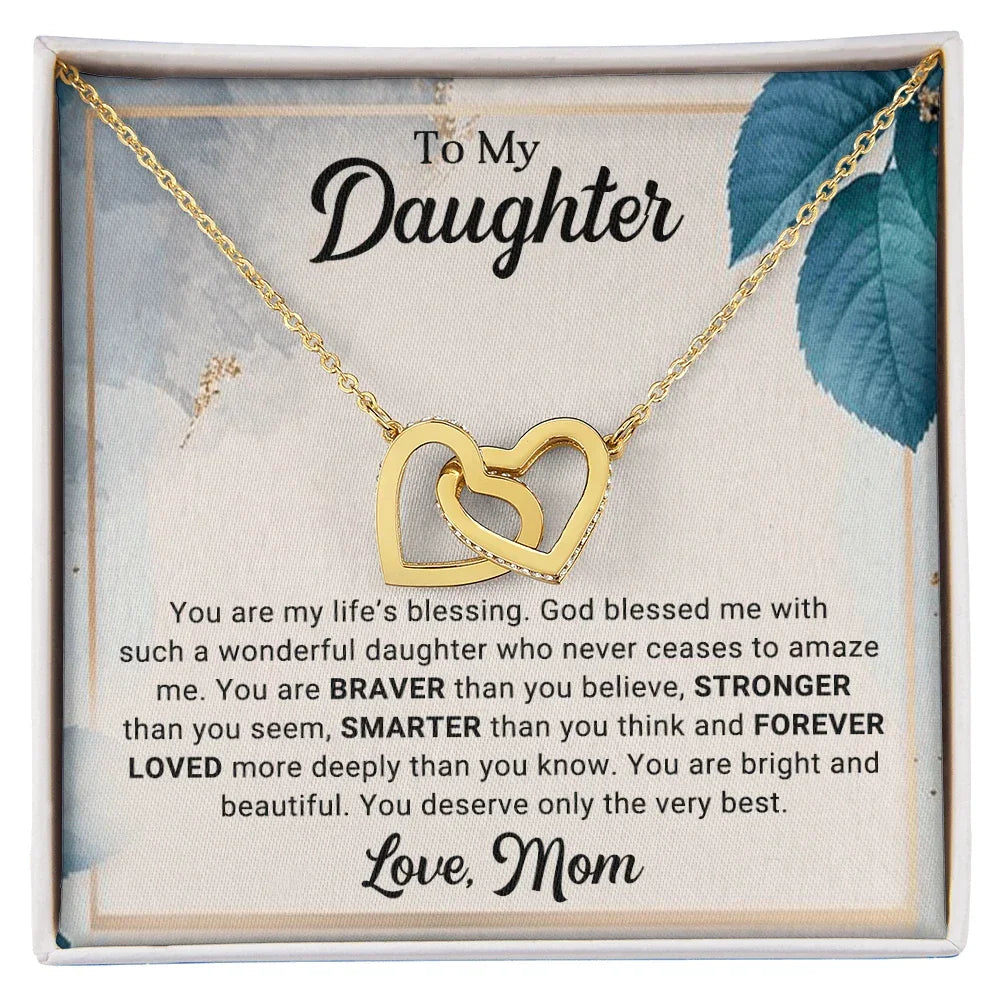 To My Daughter Interlocking Hearts Necklace – Braver, Stronger, Smarter Message from Mom | Faith-Inspired Gift for Birthday or Graduation